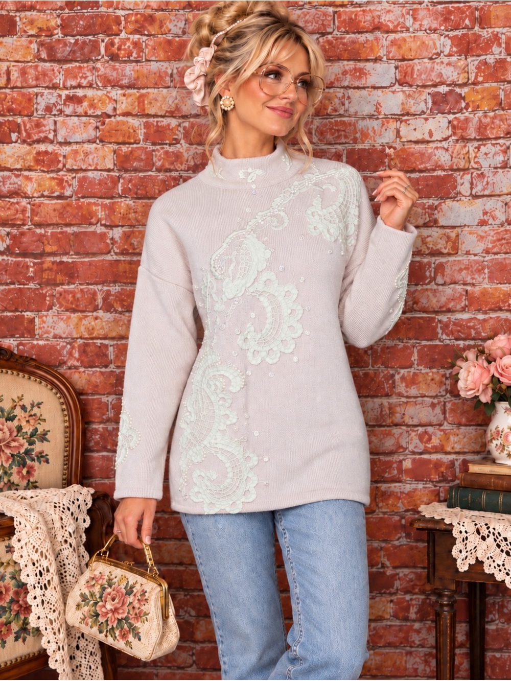 Vintage Marisa Christina Baby Pink Granny core Pearls and Lace Pullover Sweater